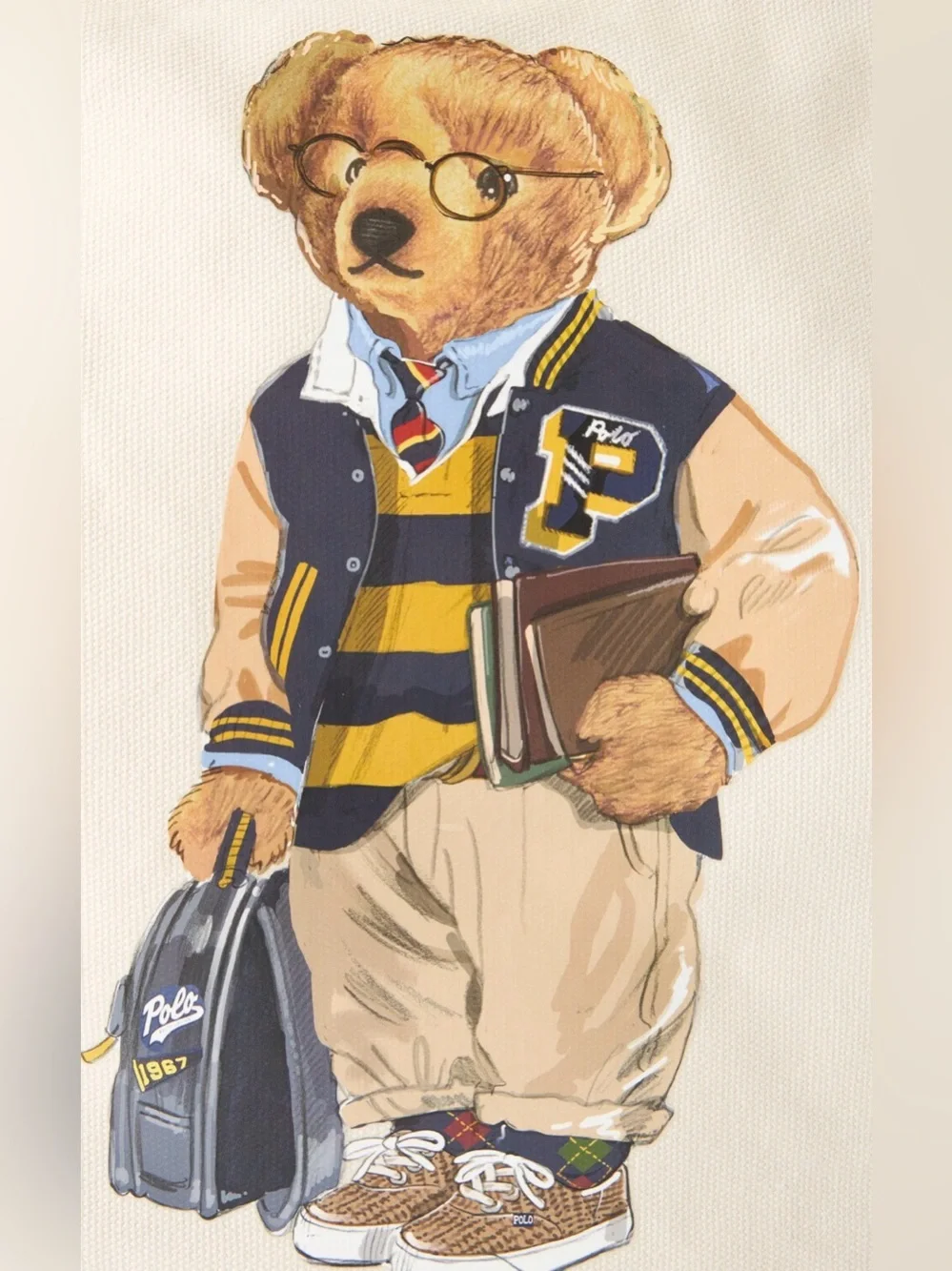 Polo Ralph Lauren Natural BOY BACK TO SCHOOL BEAR 13.0” Canvas Zip Top Tote Bag